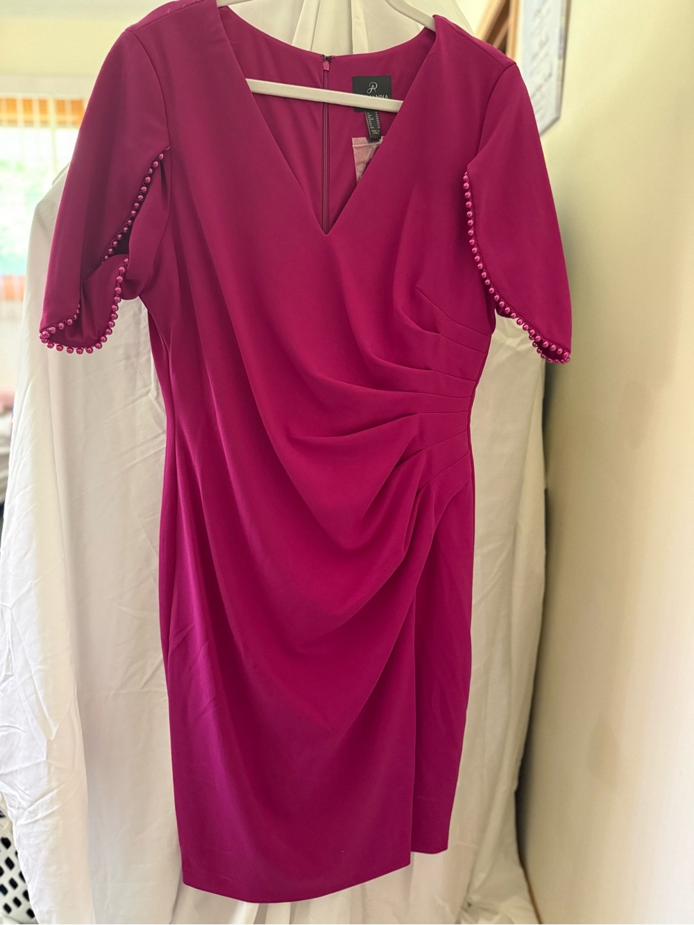 Adrianna Papell Fuchsia Draped V-Neck Midi Dress with Bead-Trim Sleeves